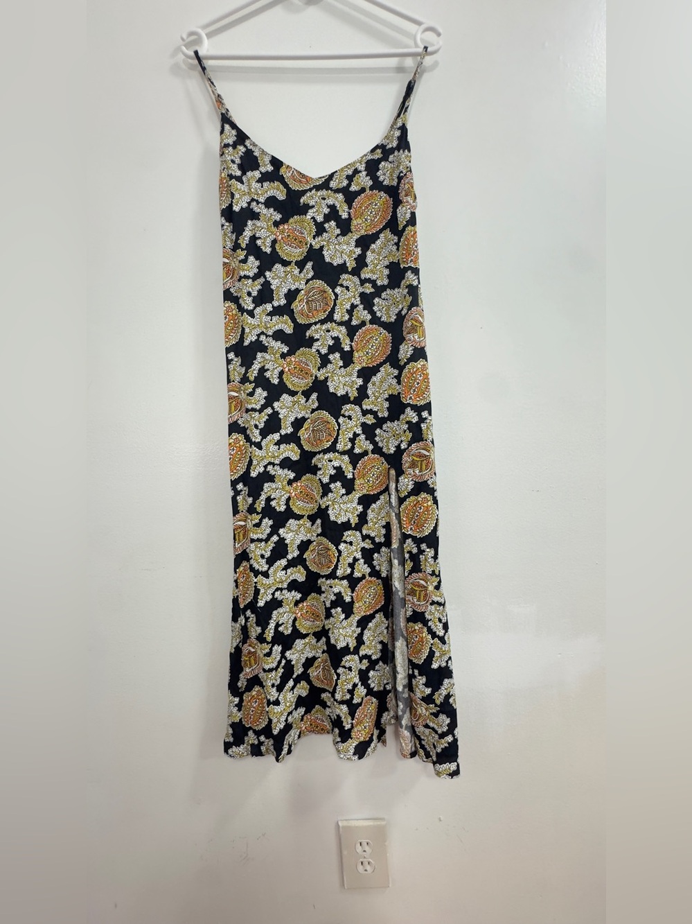 Reformation Black Maxi Slip Dress with Orange and Cream Paisley